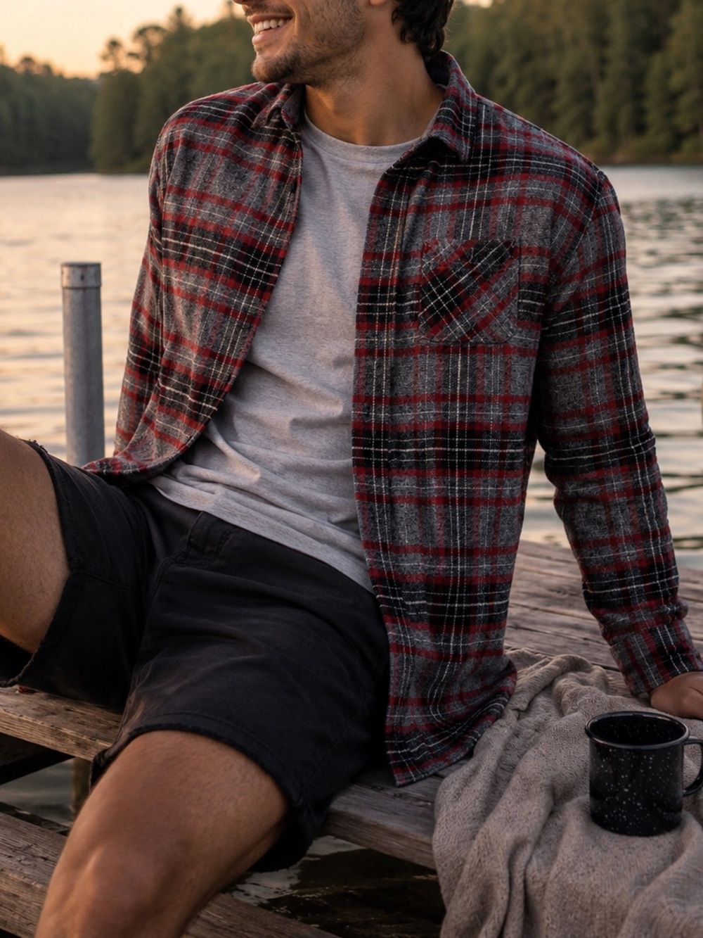 FarWest Red Gray Plaid Flannel Shirt Size L Men’s Button Up Spring Summer Fall